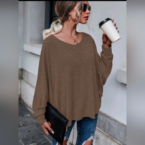 SHEIN Oatmeal Brown Open-Back Tie Sweatshirt Batwing Long Sleeve - Picture 4 of 12